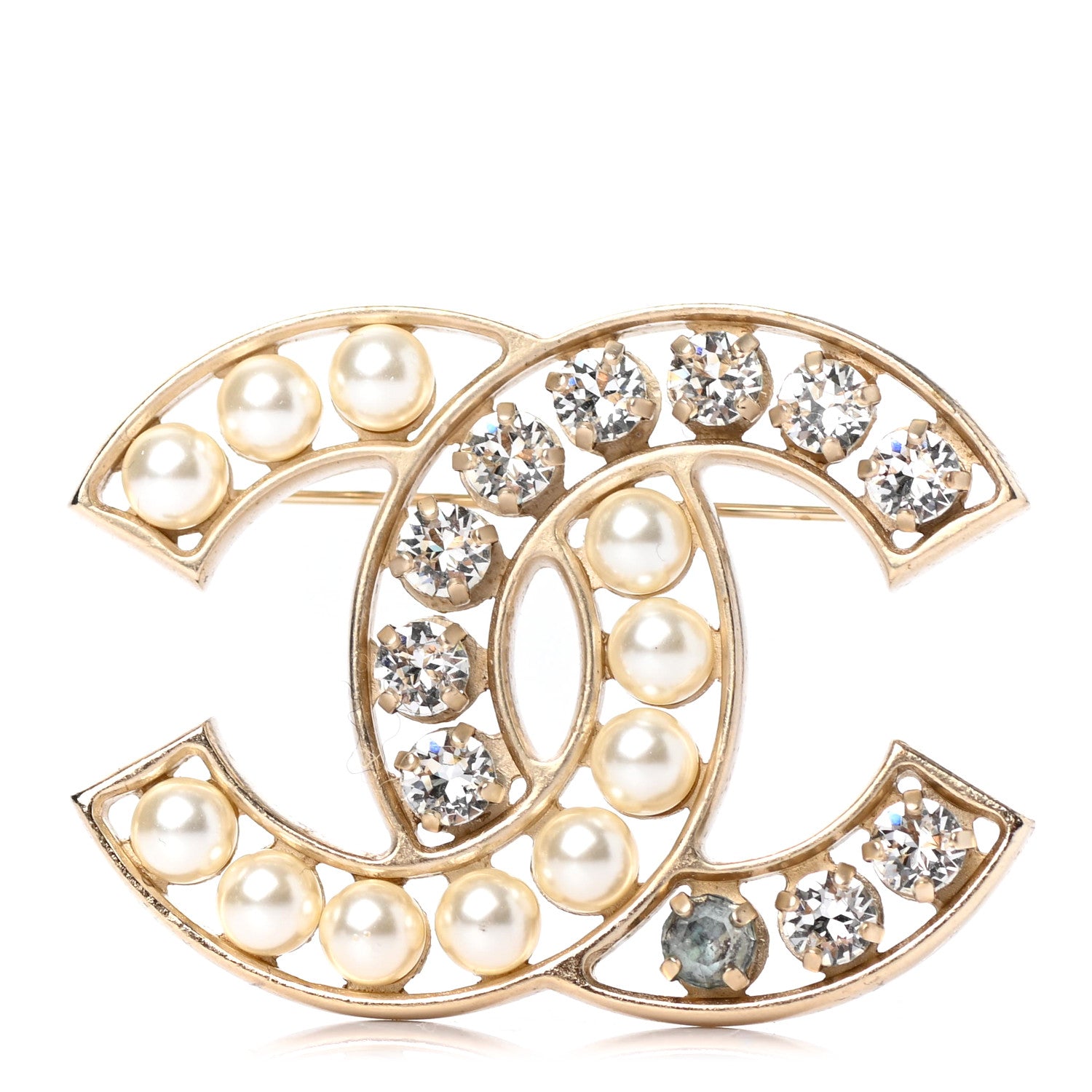 Chanel Pearl Crystal CC Brooch Gold Pearly White 1 of 3