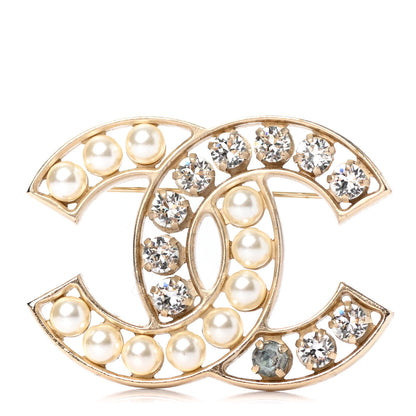 Chanel Pearl Crystal CC Brooch Gold Pearly White 1 of 3