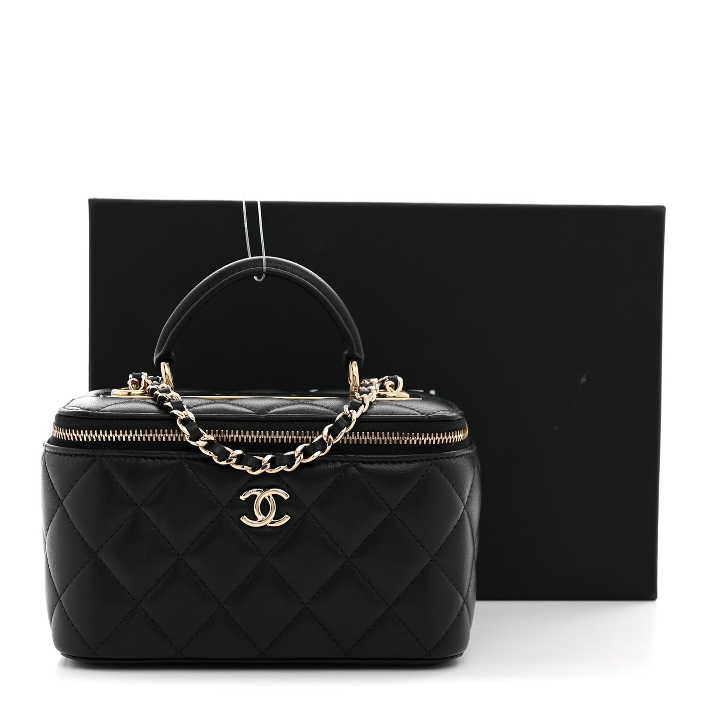 Lambskin Quilted Trendy Small Top Handle Vanity Case With Chain Black
