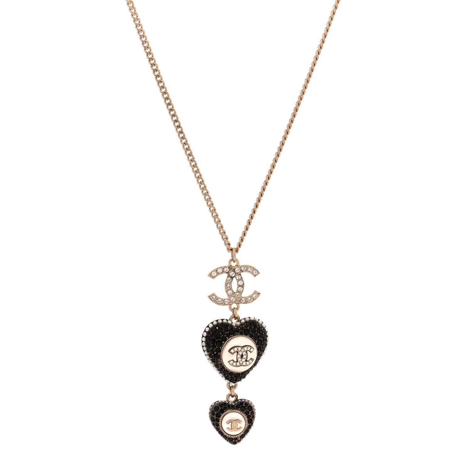 Chanel Crystal CC Heart Necklace Black Pearly White Gold 4 of 5