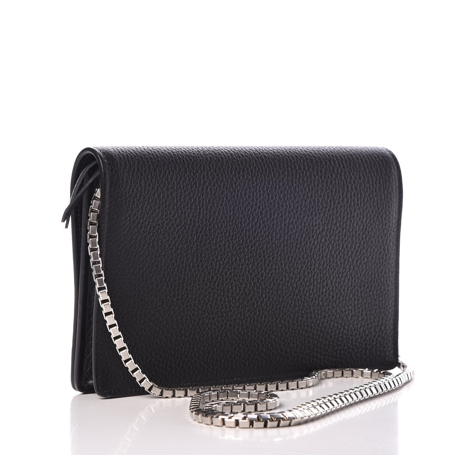 Grained Calfskin Classic Silver Hardware Wallet on Chain Black