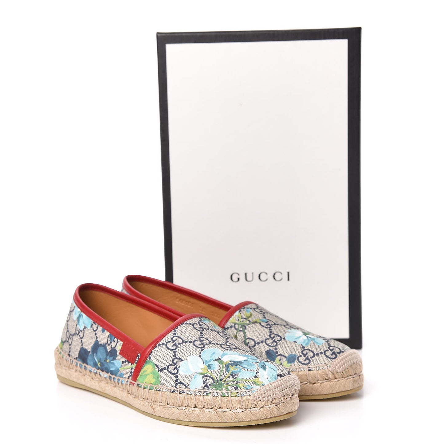 GG Supreme Monogram Blooms Espadrilles 38 Beige Blue Navy Hibiscus Red