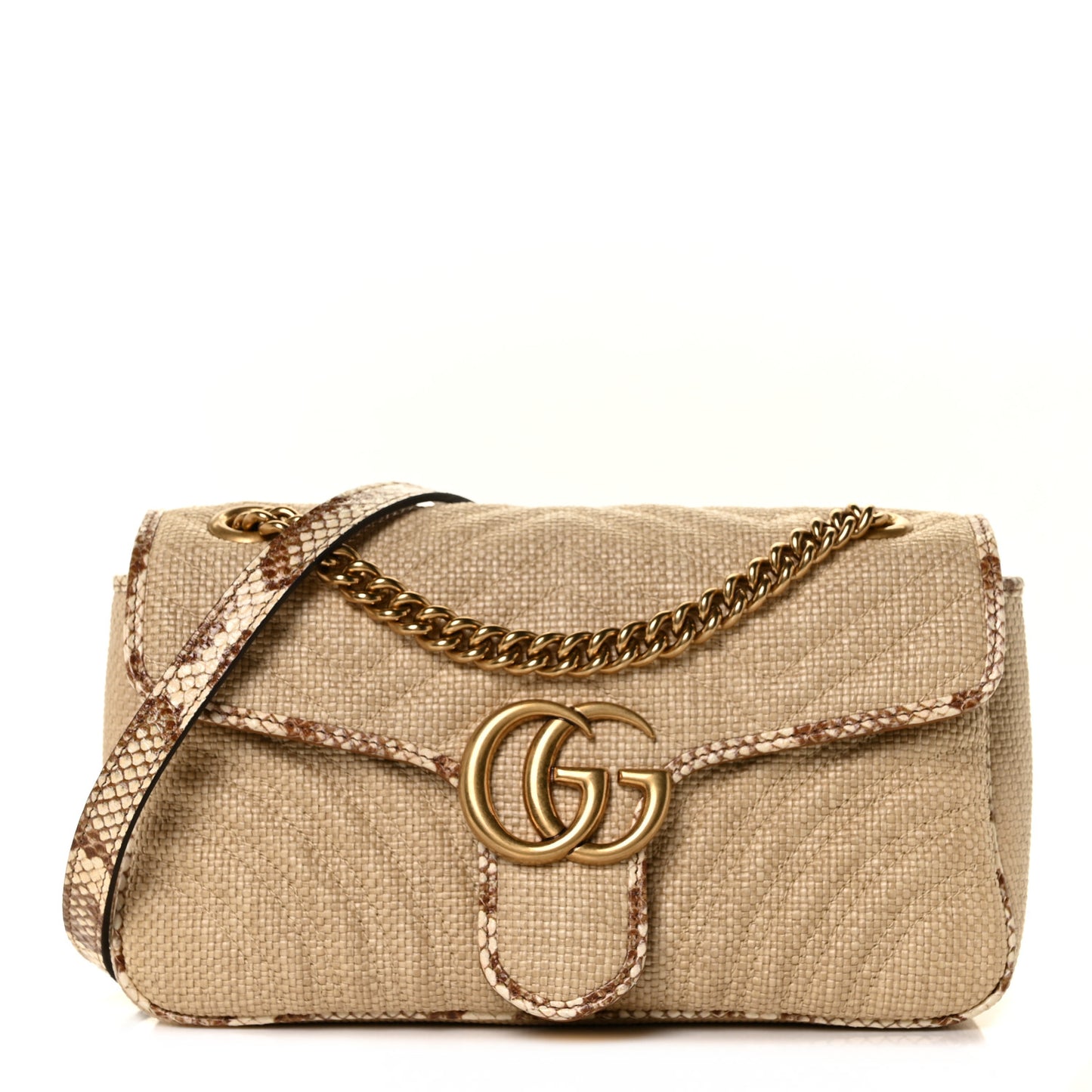 Raffia Elaphe Matelasse Small GG Marmont Shoulder Bag Natural Cream Brown