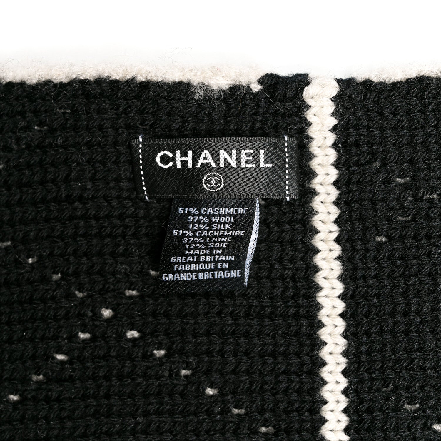 Chanel Wool Cashmere Logo Scarf Black Beige 3 of 3