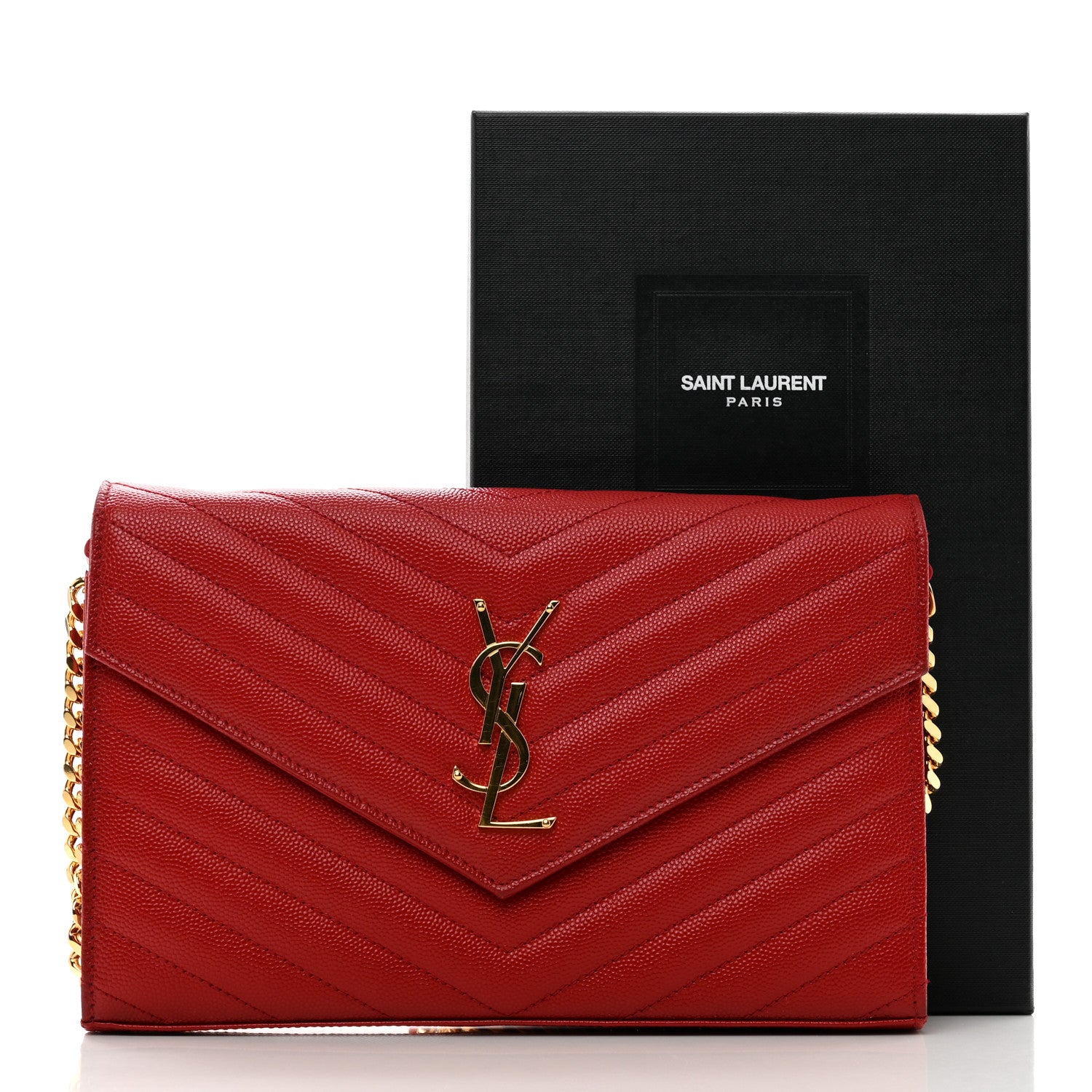 Saint Laurent Grain De Poudre Matelasse Chevron Monogram Chain Wallet Red 11 of 11