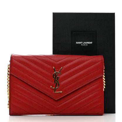 Saint Laurent Grain De Poudre Matelasse Chevron Monogram Chain Wallet Red 11 of 11