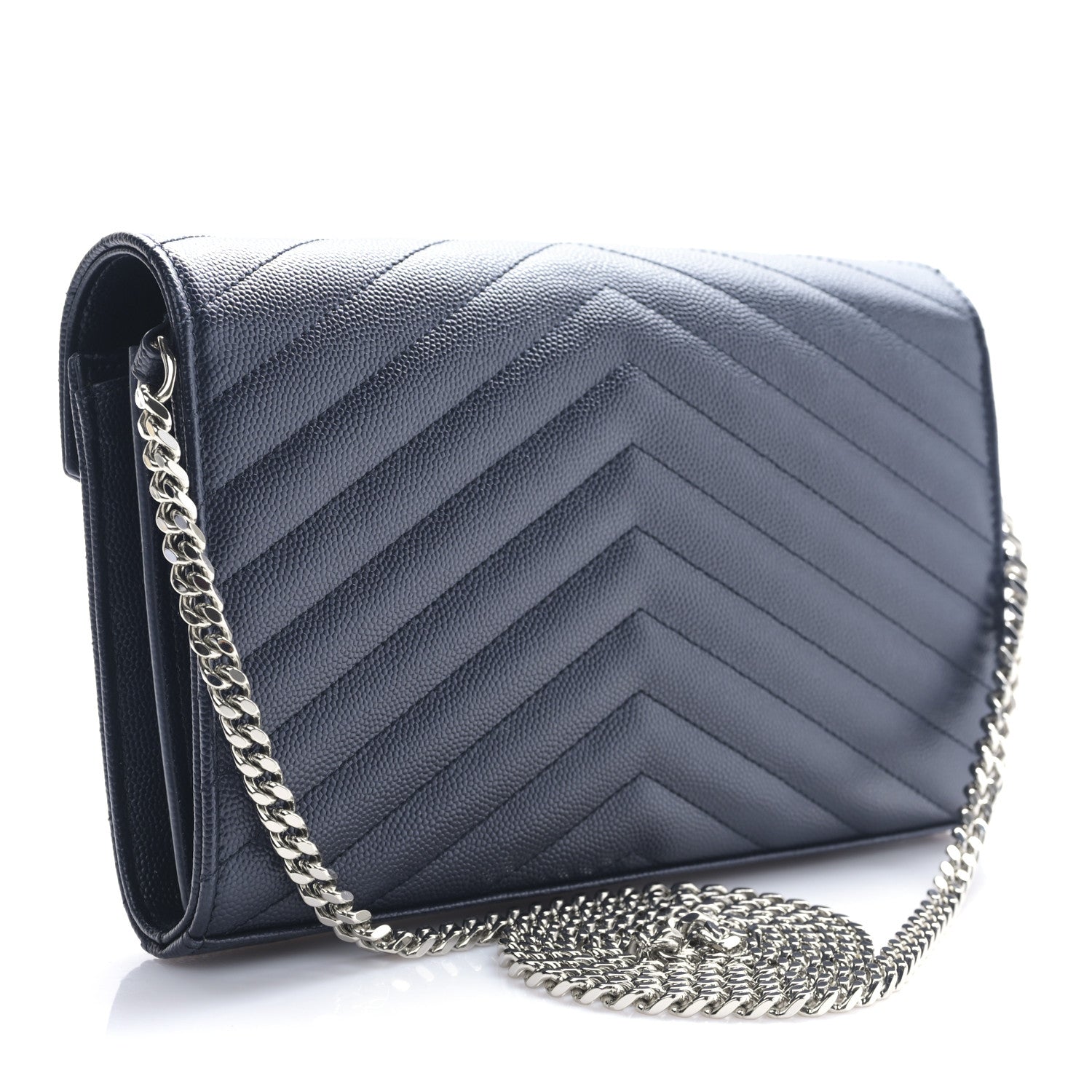Saint Laurent Grain De Poudre Matelasse Chevron Monogram Chain Wallet Deep Marine 3 of 8