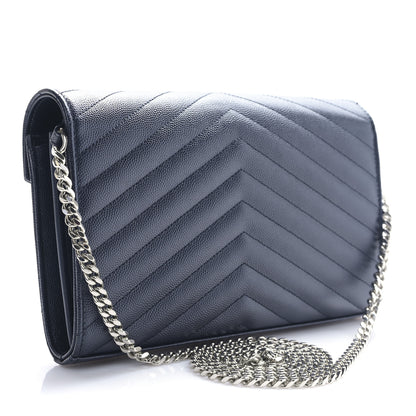 Saint Laurent Grain De Poudre Matelasse Chevron Monogram Chain Wallet Deep Marine 3 of 8