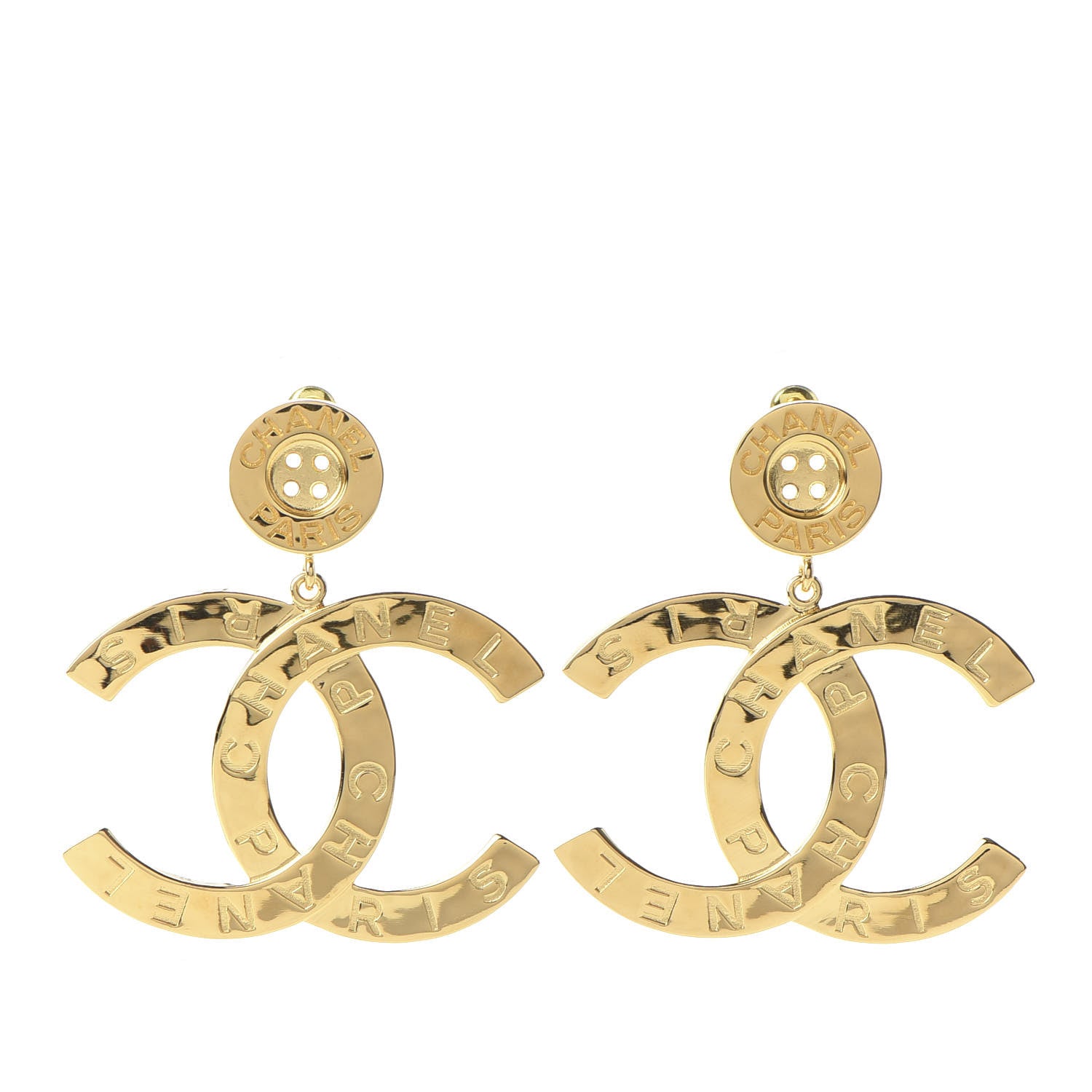 Chanel Metal Large Paris Button Earrings Gold 1 of 5