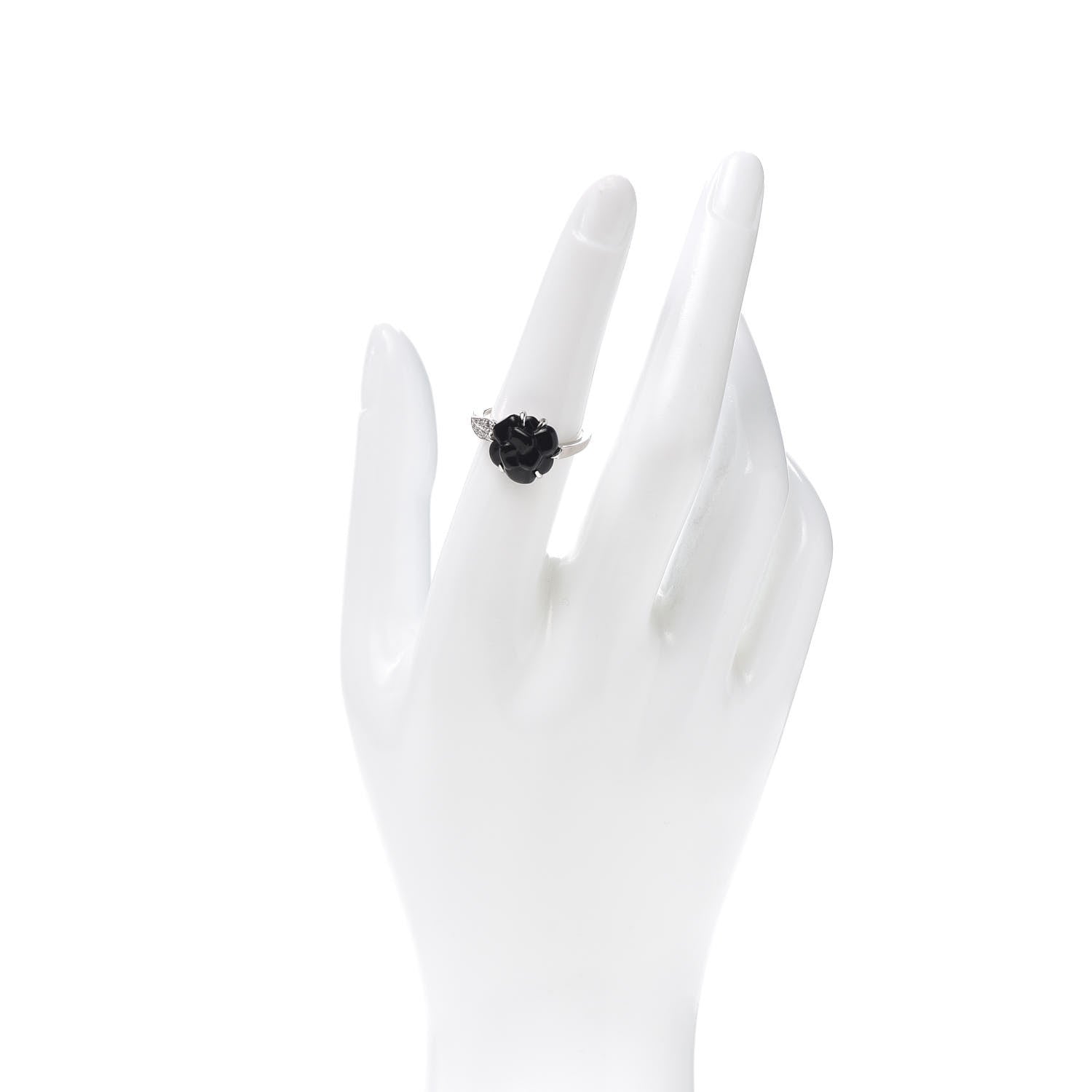 Chanel 18K White Gold Diamond Onyx Camellia Ring 53 6.25 2 of 4