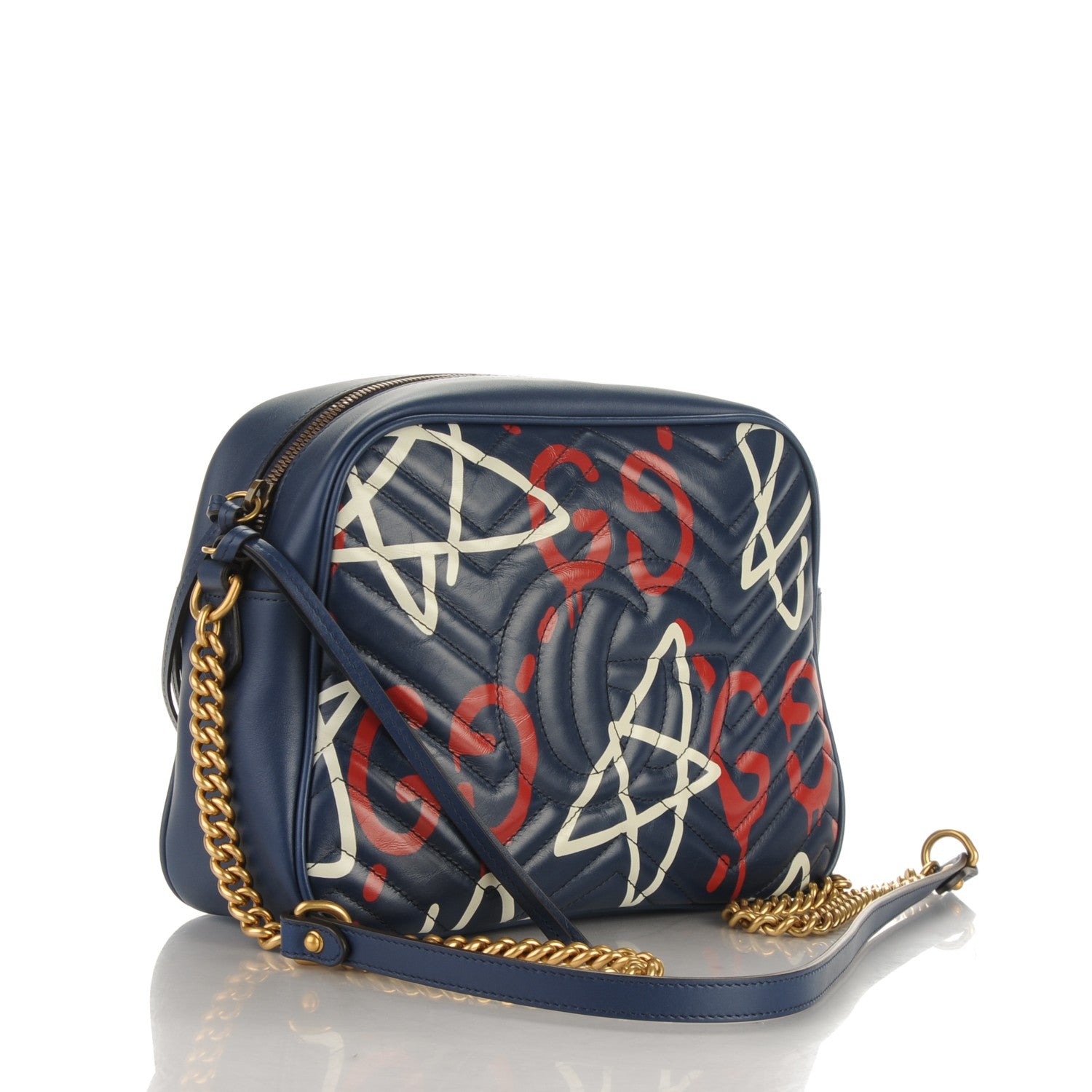 Gucci Calfskin Matelasse GucciGhost Medium GG Marmont Chain Shoulder Bag Blue Agata Hibiscus Red 3 of 7