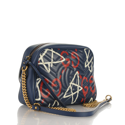 Gucci Calfskin Matelasse GucciGhost Medium GG Marmont Chain Shoulder Bag Blue Agata Hibiscus Red 3 of 7