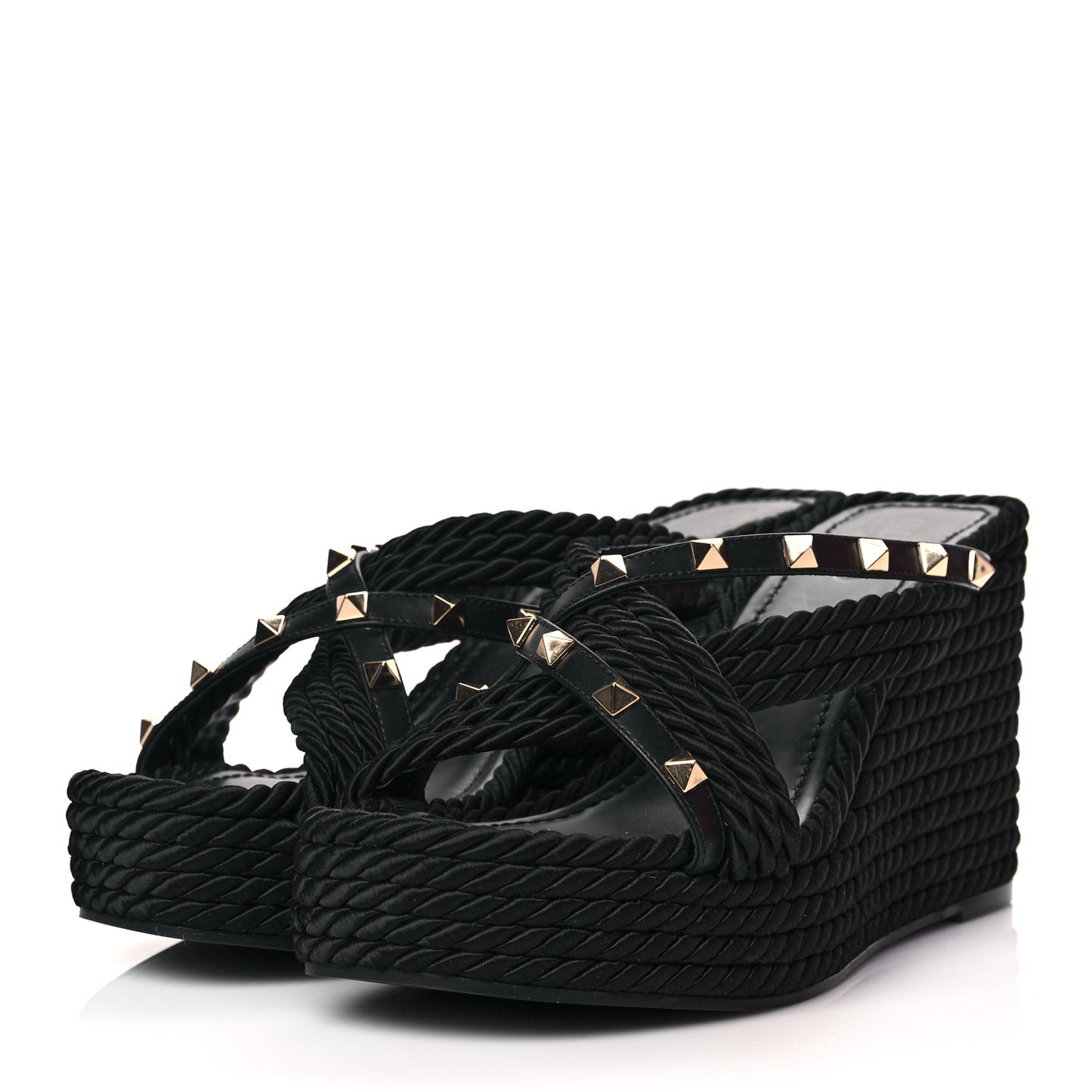 Calfskin Silk Rockstud Torchon Espadrille Wedge 25/95mm Slide Sandals 40 Black
