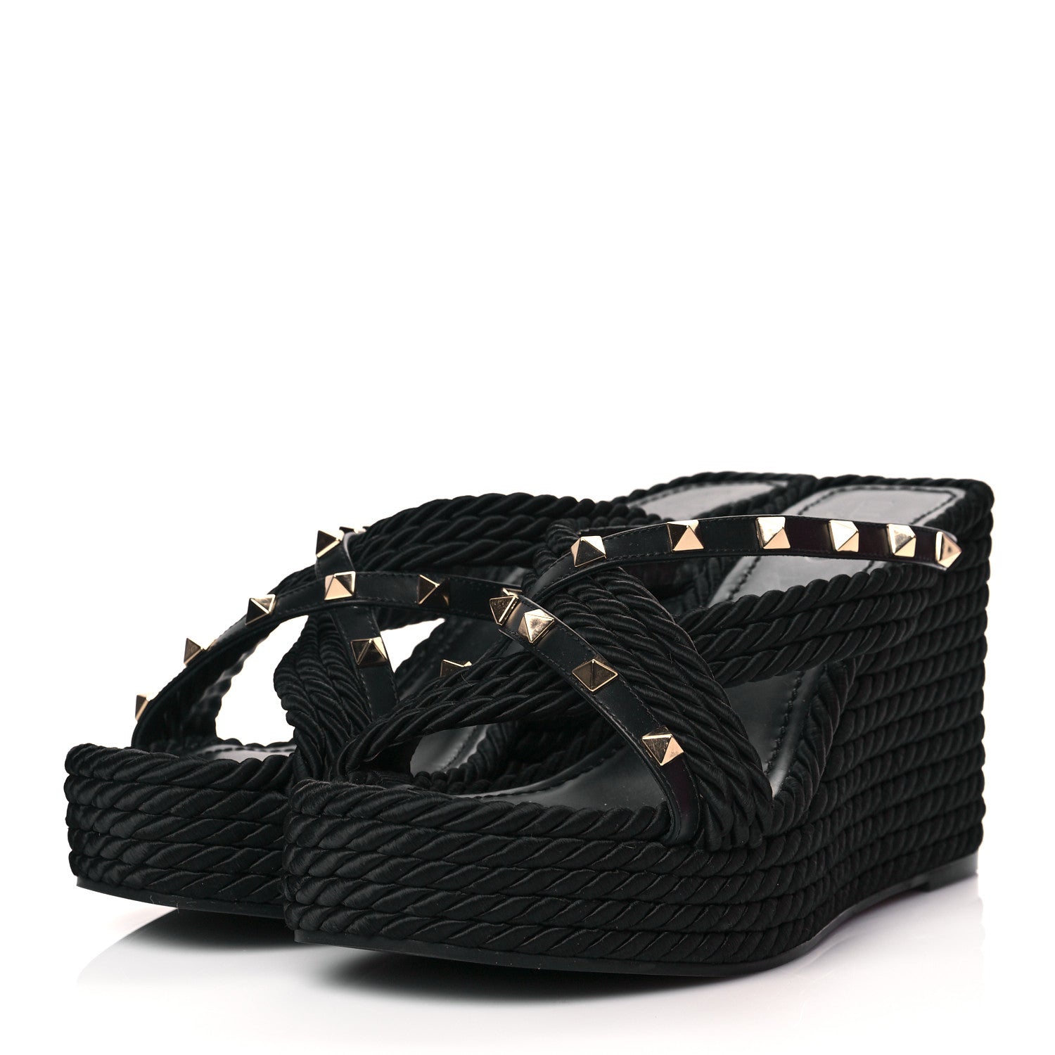 Valentino Garavani Calfskin Silk Rockstud Torchon Espadrille Wedge 25/95mm Slide Sandals 40 Black 3 of 9