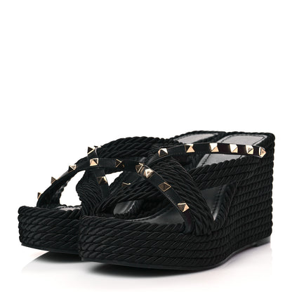 Valentino Garavani Calfskin Silk Rockstud Torchon Espadrille Wedge 25/95mm Slide Sandals 40 Black 3 of 9