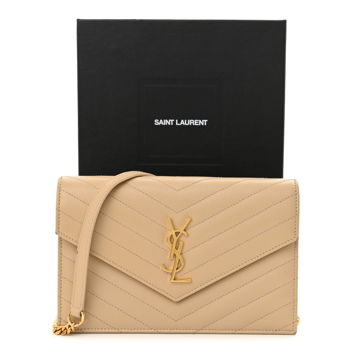 Saint Laurent Grain De Poudre Matelasse Chevron Monogram Envelope Chain Wallet Nude Powder 13 of 13