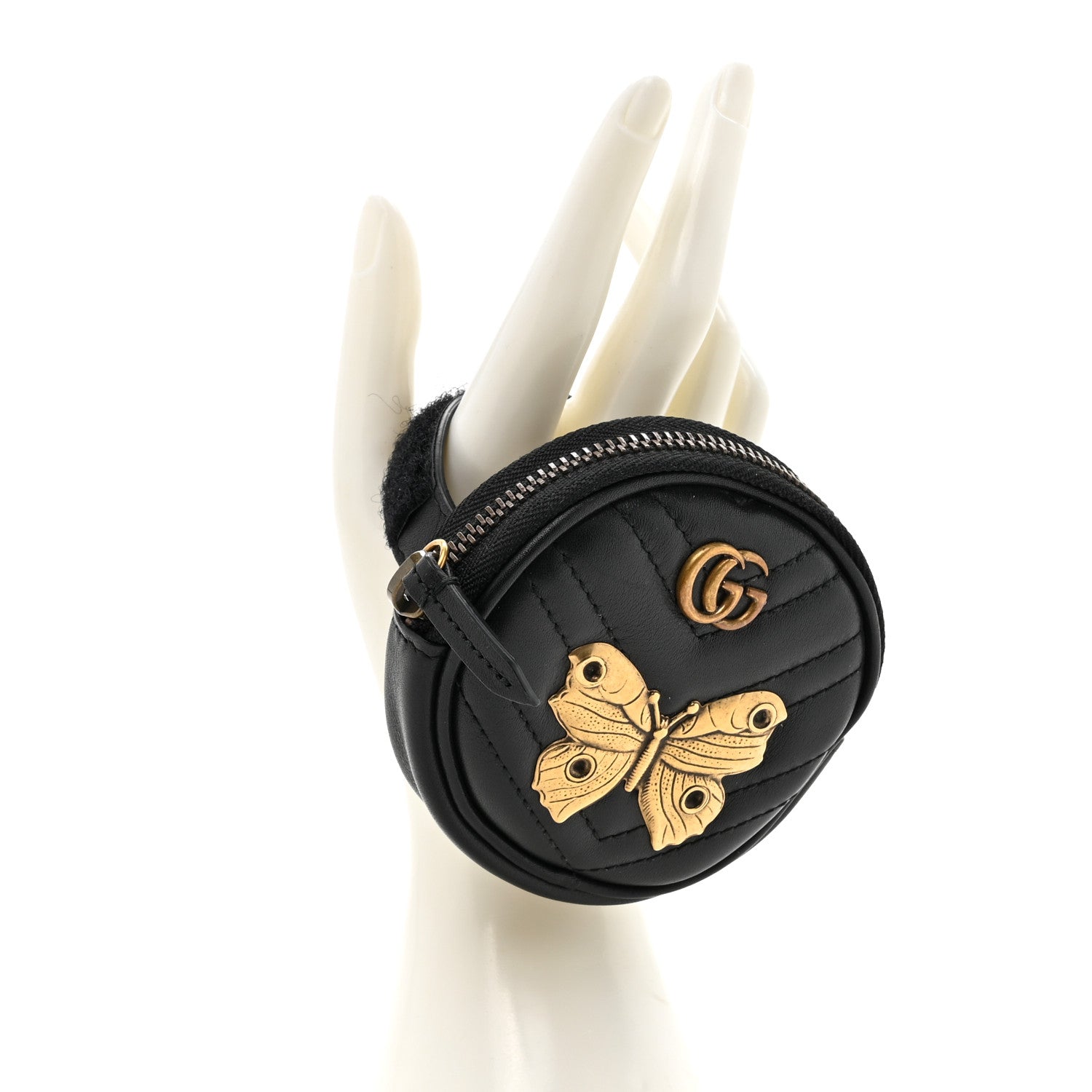 Gucci Calfskin Matelasse Animal Studs GG Marmont Round Wrist Wallet Black 2 of 8