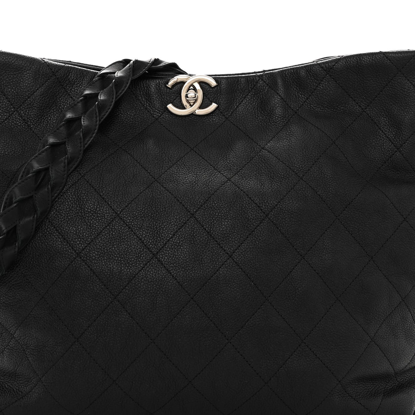 Grained Calfskin Stitched Medium Braided With Style Hobo Black