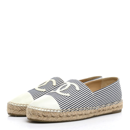 Chanel Canvas Striped Lambskin CC Espadrilles 39 Ivory Navy White 3 of 12