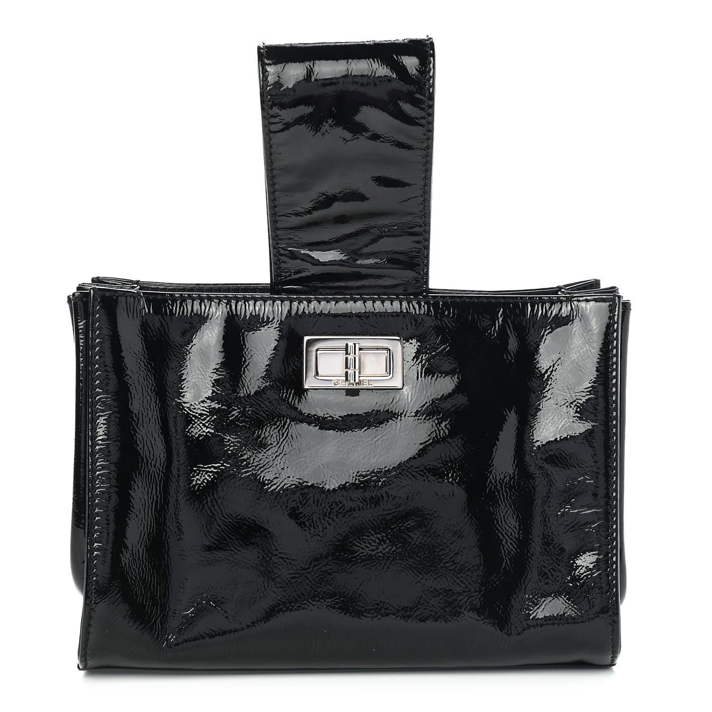 Patent Mademoiselle Lock Convertible Wrist Clutch Bag Black