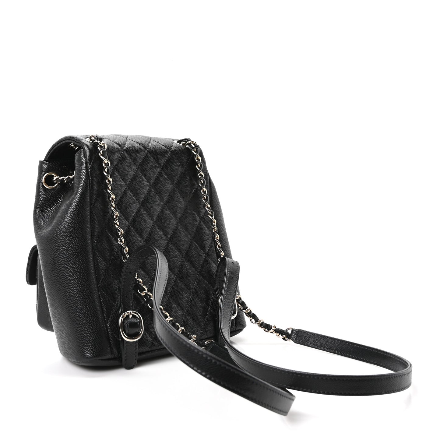 Shiny Caviar Quilted Small Duma Pockets Drawstring Backpack Black