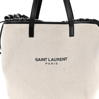 Saint Laurent Canvas Calfskin Teddy Drawstring Shopping Tote White Black 8 of 11