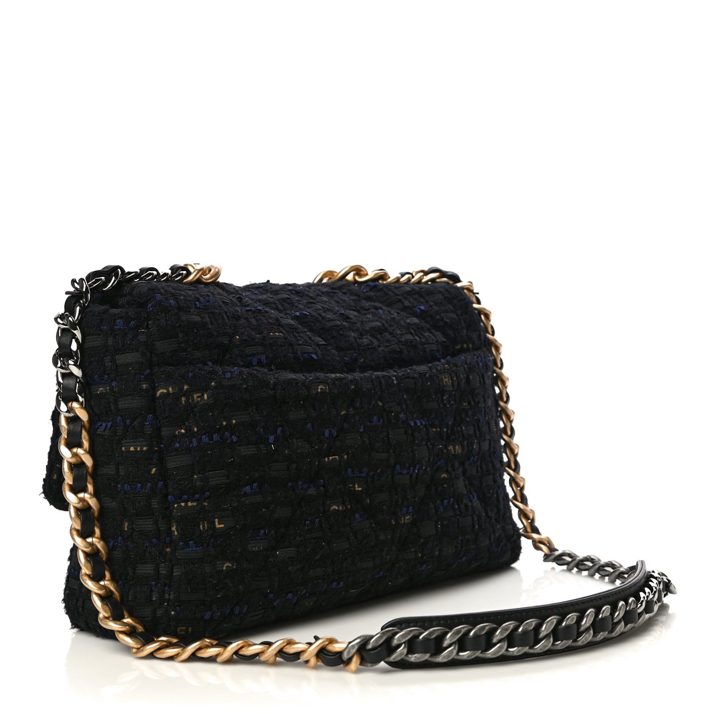 Tweed Quilted Large Chanel 19 Flap Black Navy Gold