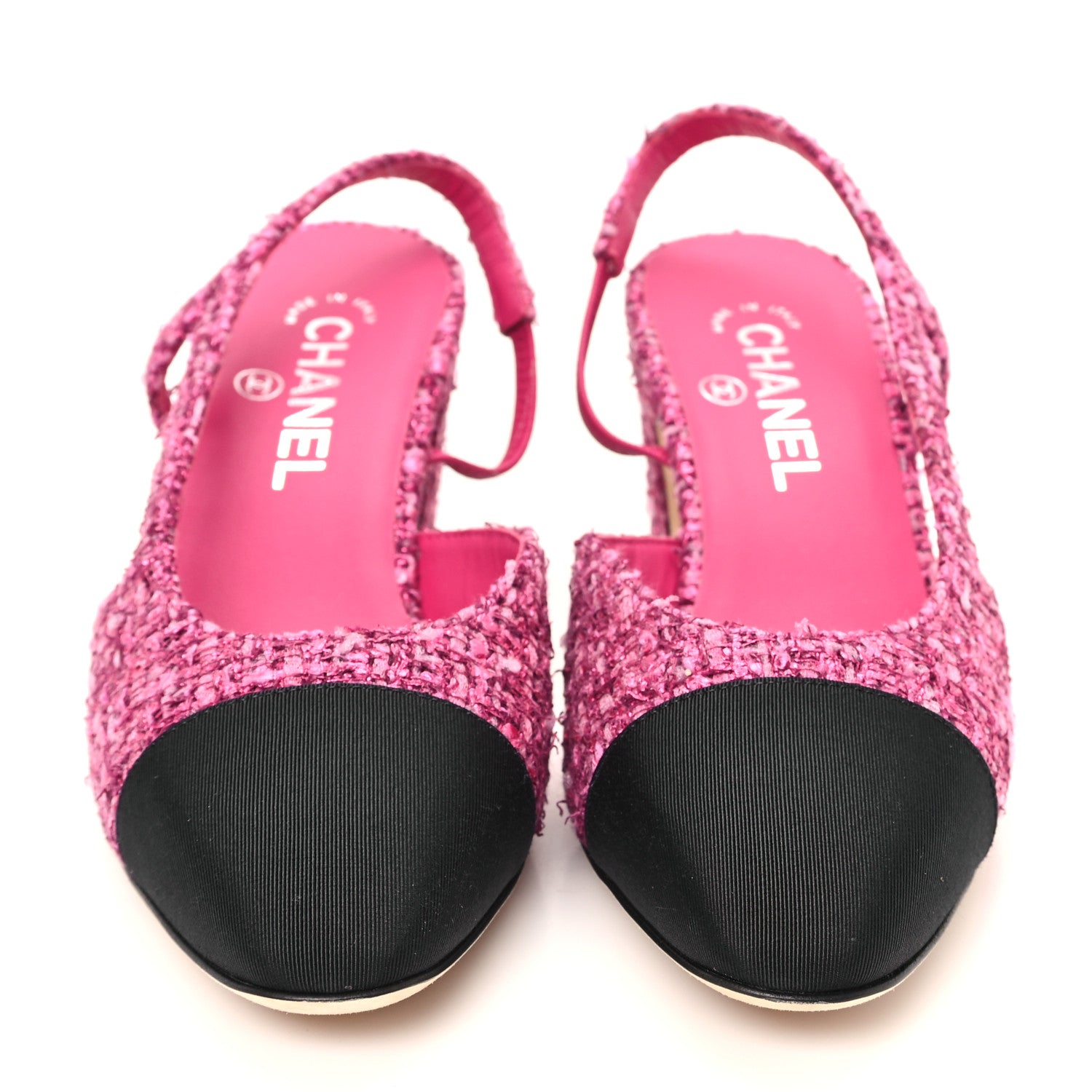 Chanel Tweed Grosgrain Cap Toe CC Slingback Pumps 39 Pink Black 3 of 10