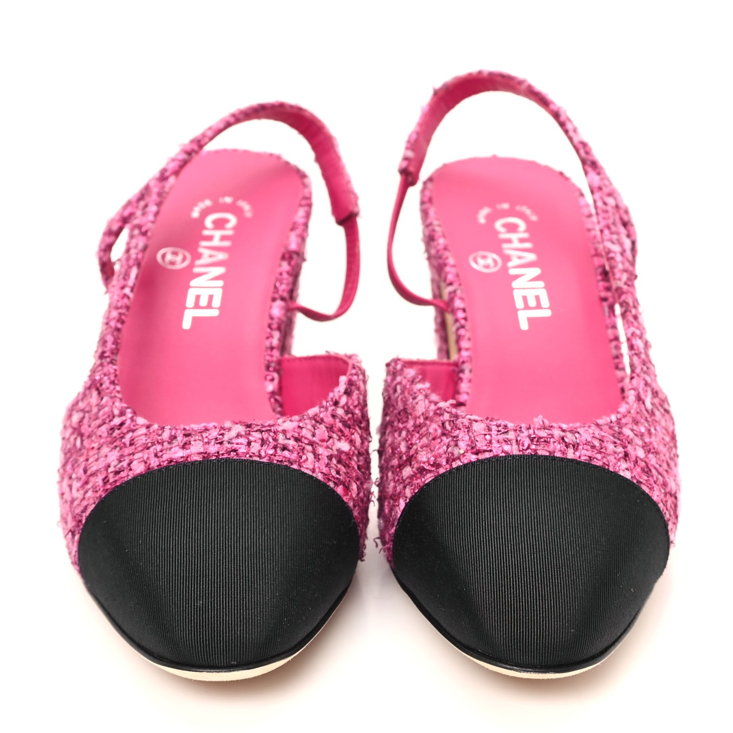 Tweed Grosgrain Cap Toe CC Slingback Pumps 39 Pink Black