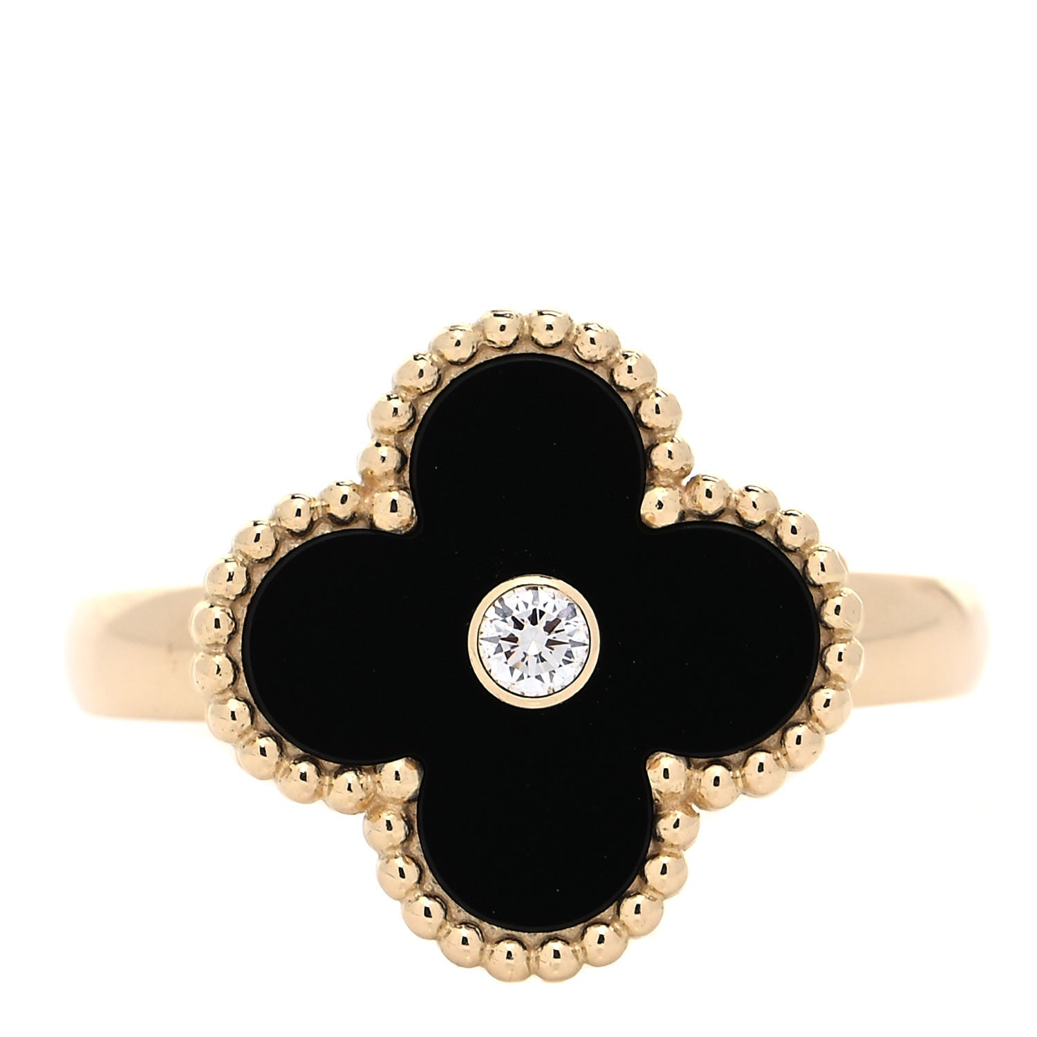 Van Cleef & Arpels 18K Yellow Gold Diamond Black Onyx Vintage Alhambra Ring 54 7 1 of 4