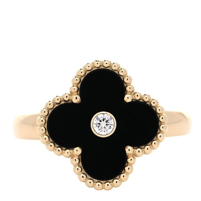 Van Cleef & Arpels 18K Yellow Gold Diamond Black Onyx Vintage Alhambra Ring 54 7 1 of 4