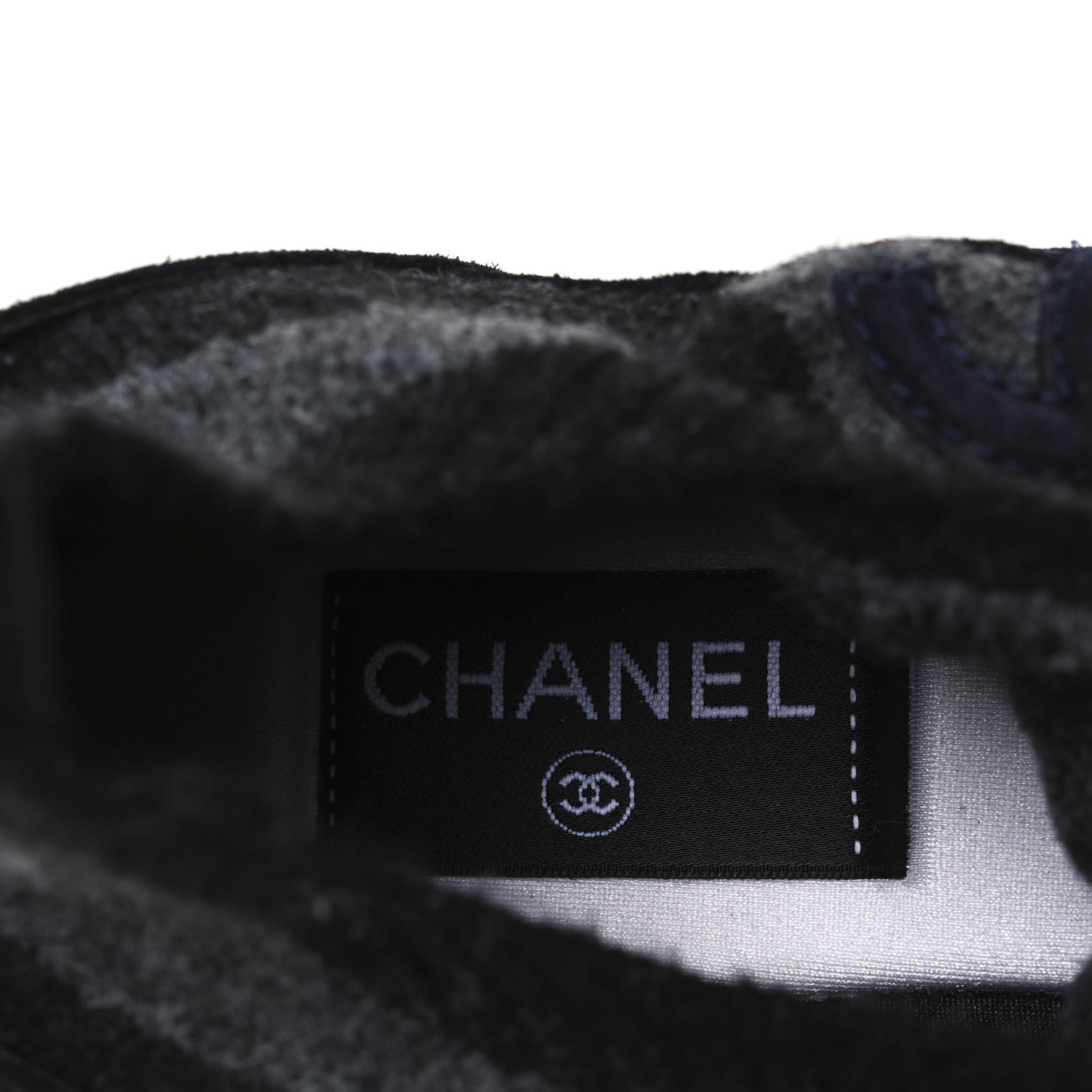 Chanel Knit Fabric Suede Calfskin Womens CC Sneakers 39 Black Grey 9 of 10