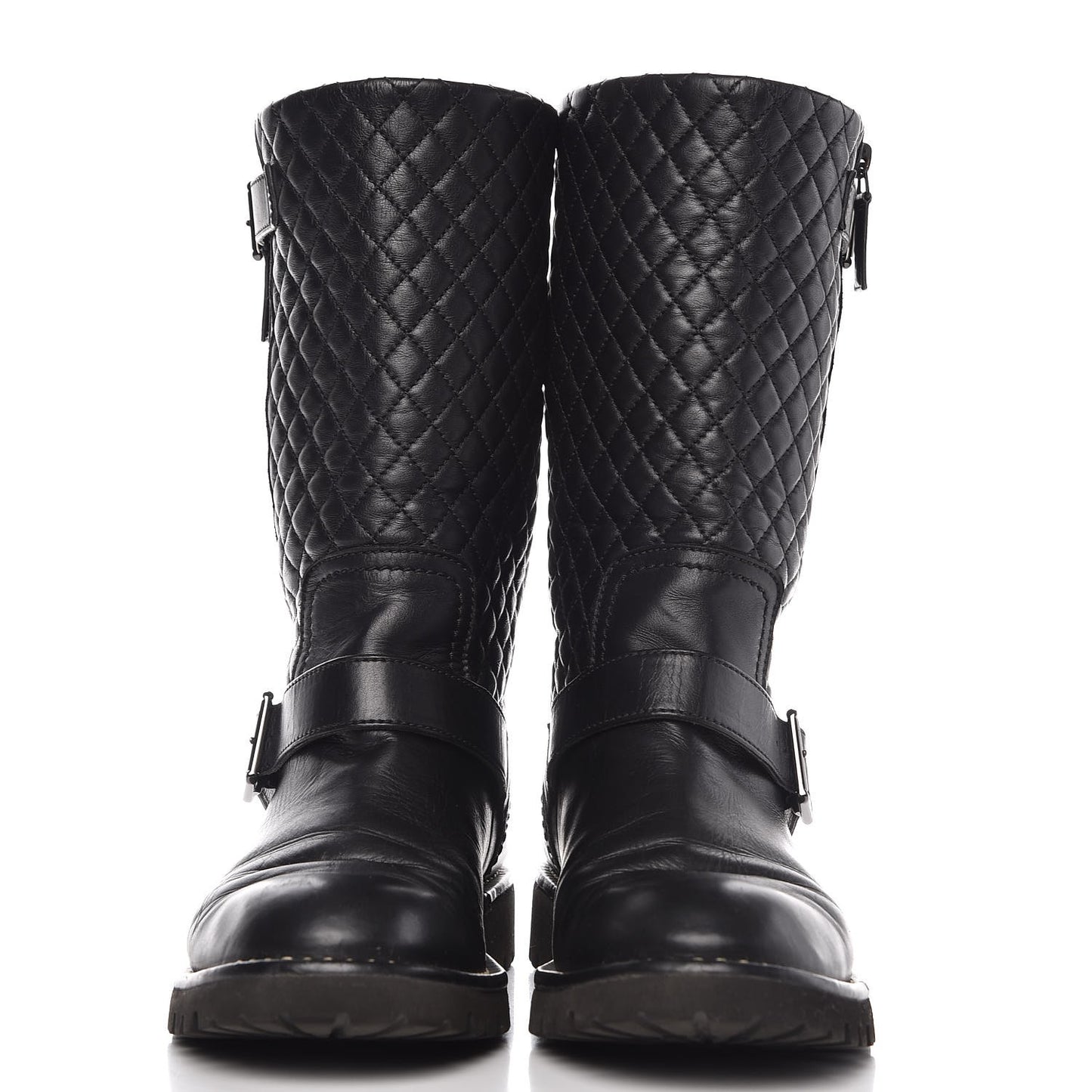 Calfskin Quilted Biker Boots 38.5 Black