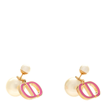 Christian Dior Pearl Enamel Tribal CD Drop Earrings Gold White Pink 1 of 4