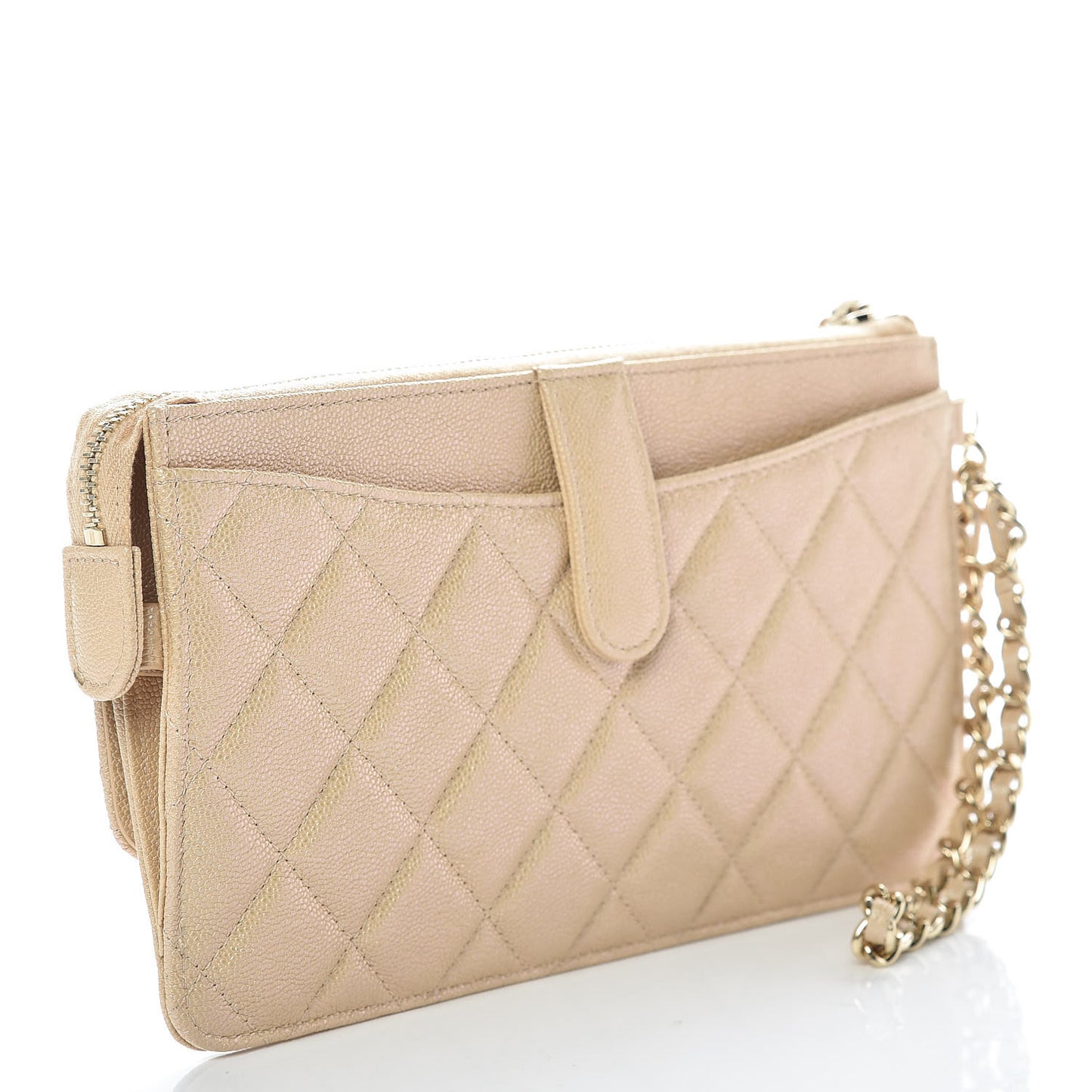 Iridescent Caviar Quilted Classic Pouch With Handle Beige