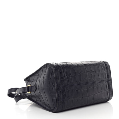 Alexander McQueen Calfskin Crocodile Embossed Small Skull Padlock Zip Around Tote Navy Blue 4 of 11