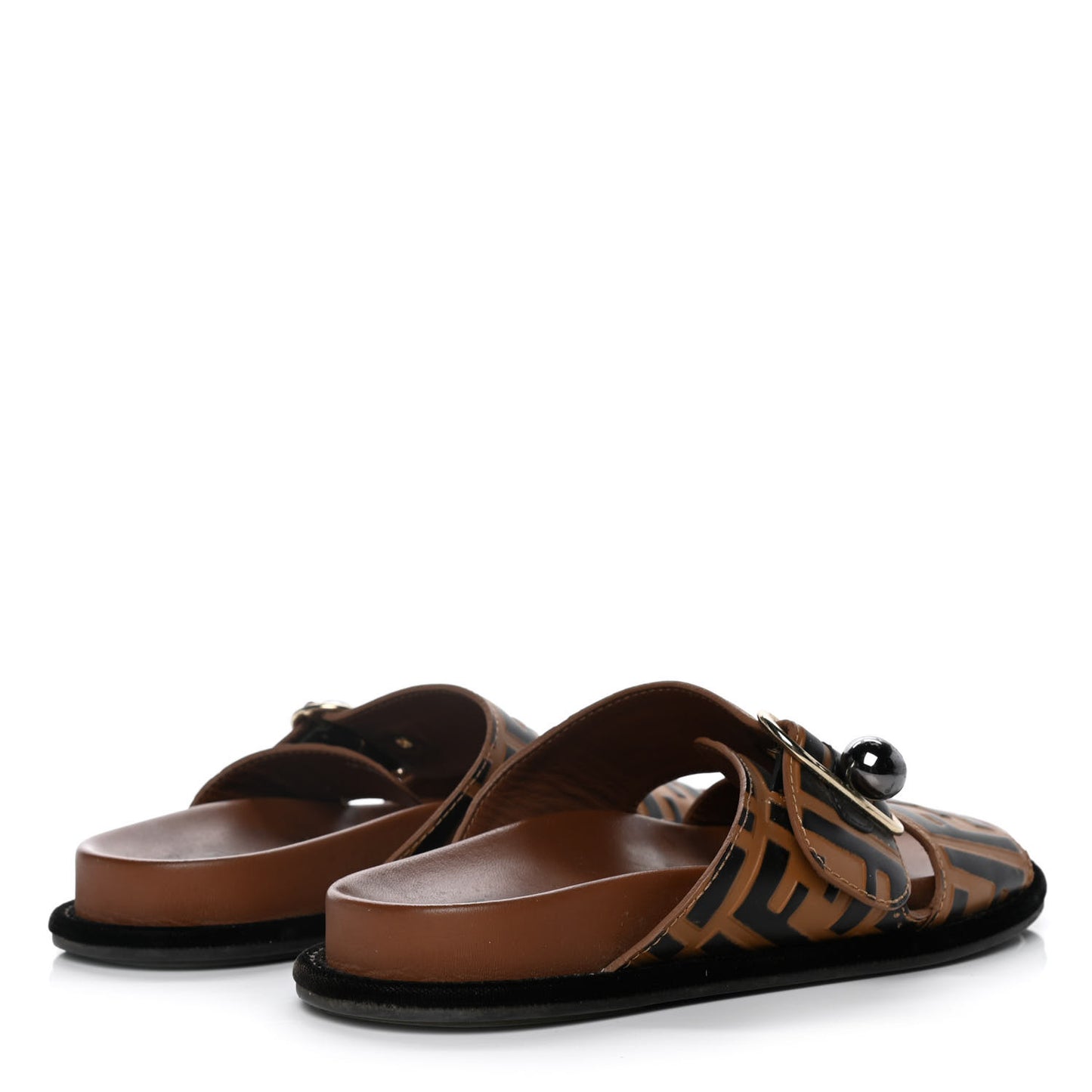 Calfskin FF Embossed Pearland Slide Sandals 36 Tobacco Moro