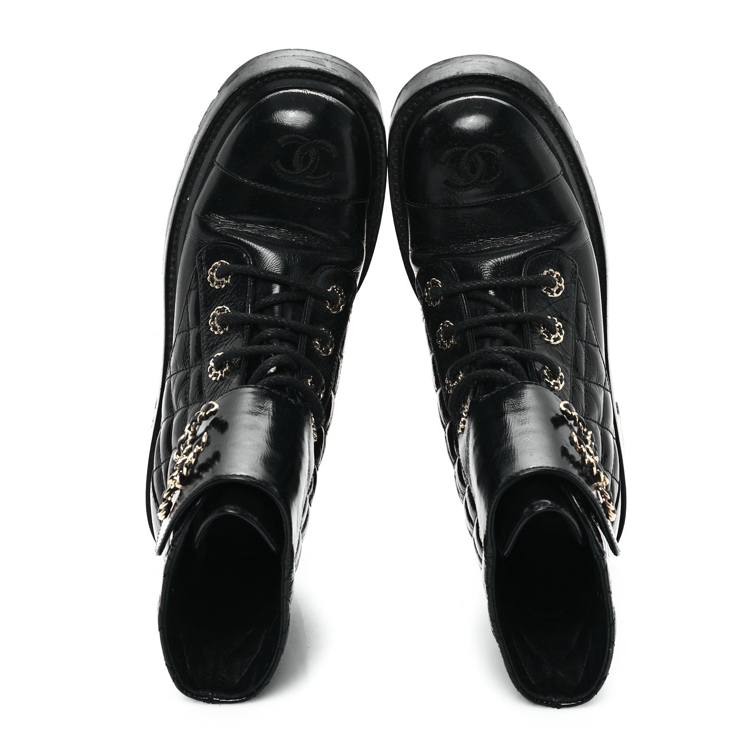 Chanel Shiny Goatskin Calfskin Quilted Lace Up Combat Boots 37 Black 2 of 10