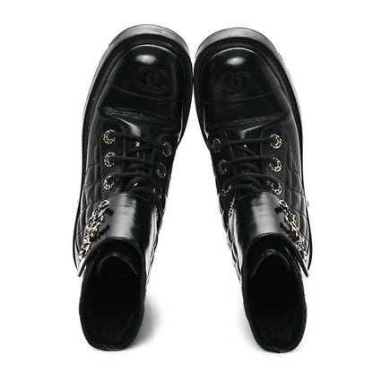 Chanel Shiny Goatskin Calfskin Quilted Lace Up Combat Boots 37 Black 2 of 10