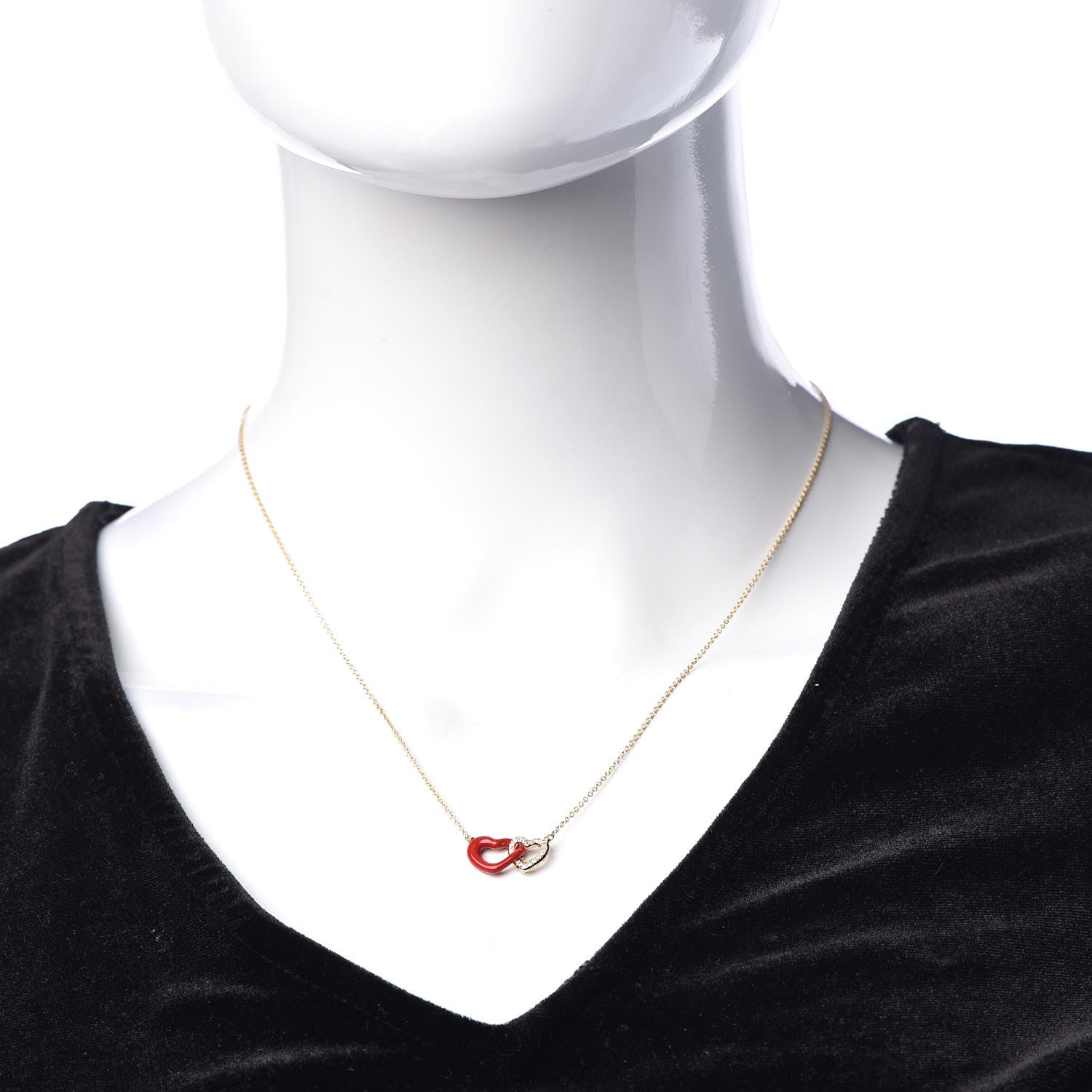 David Yurman 18K Yellow Gold Diamond Enamel Cable Double Heart Pendant Necklace Red 2 of 7