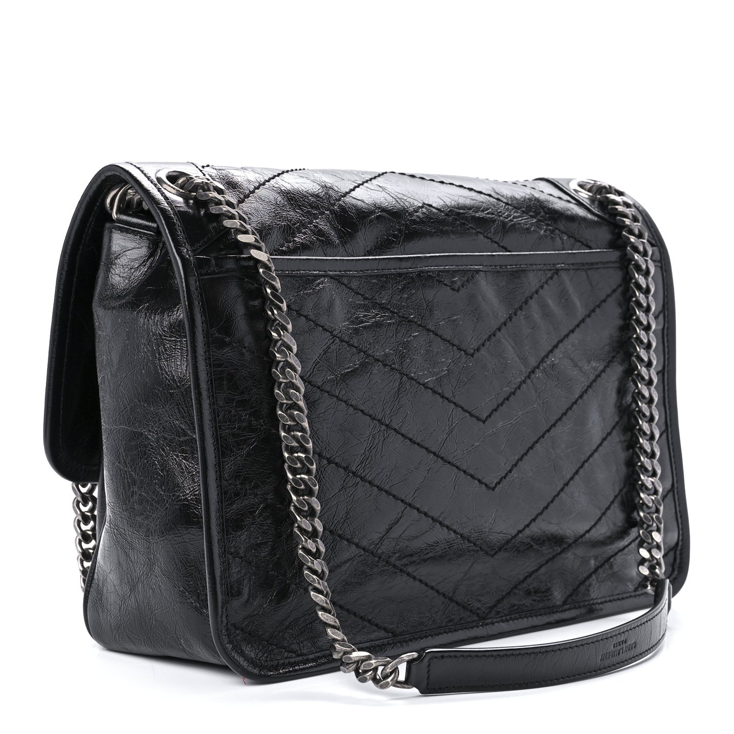 Crinkled Calfskin Matelasse Monogram Medium Niki Chain Satchel Black