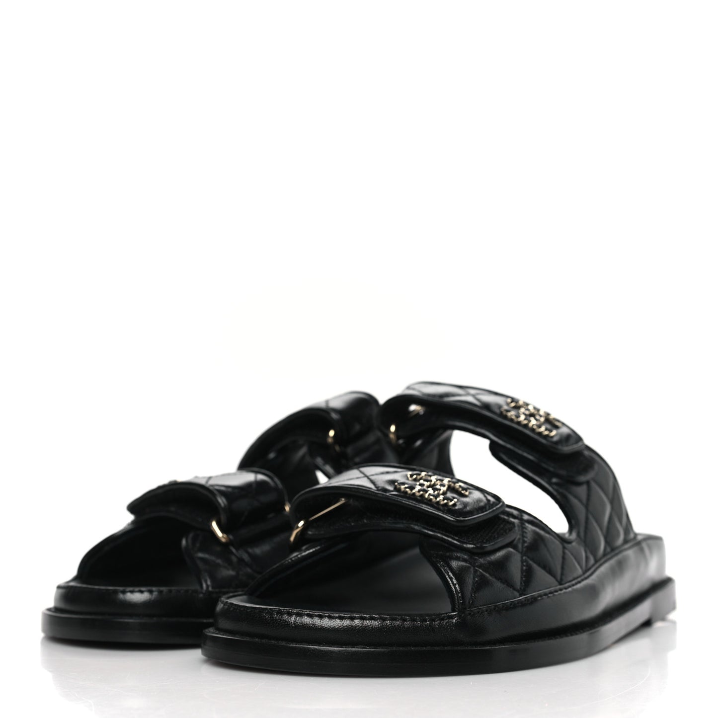Lambskin Quilted Velcro Dad Chain CC Slide Sandals 38 Black
