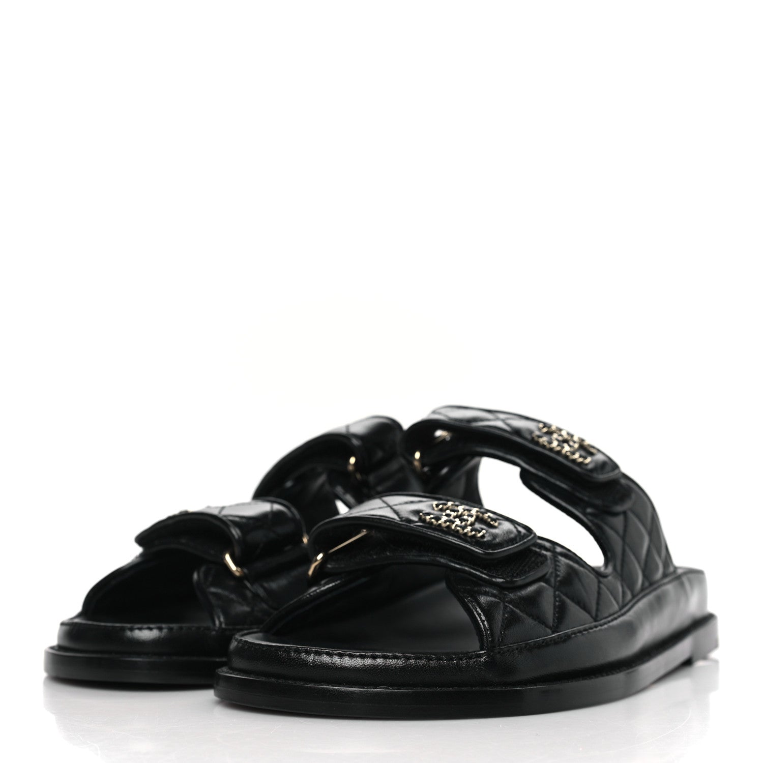 Chanel Lambskin Quilted Velcro Dad Chain CC Slide Sandals 38 Black 3 of 9