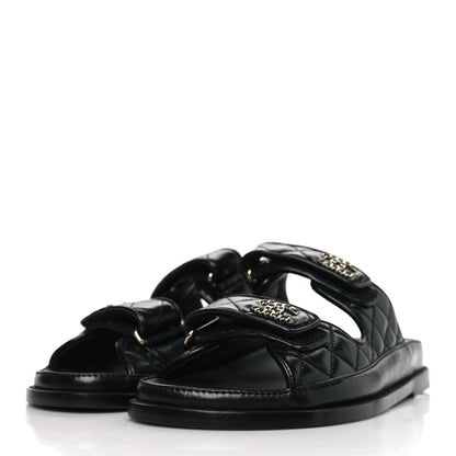 Chanel Lambskin Quilted Velcro Dad Chain CC Slide Sandals 38 Black 3 of 9