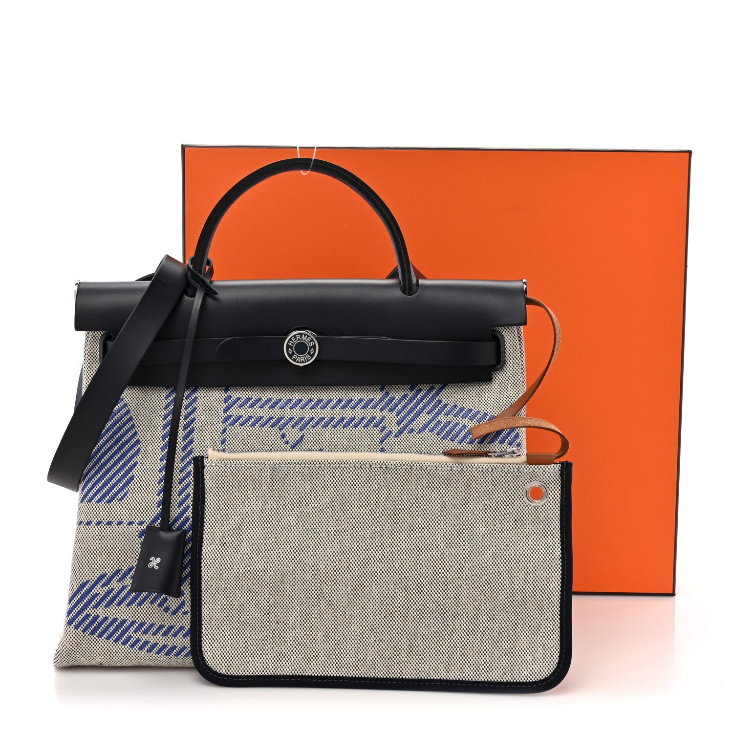 Hermes Vache Hunter Toile H Brides de Gala Herbag Zip Retourne 31 PM Bleu De France Ecru Black 12 of 12