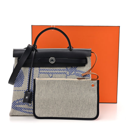 Hermes Vache Hunter Toile H Brides de Gala Herbag Zip Retourne 31 PM Bleu De France Ecru Black 12 of 12