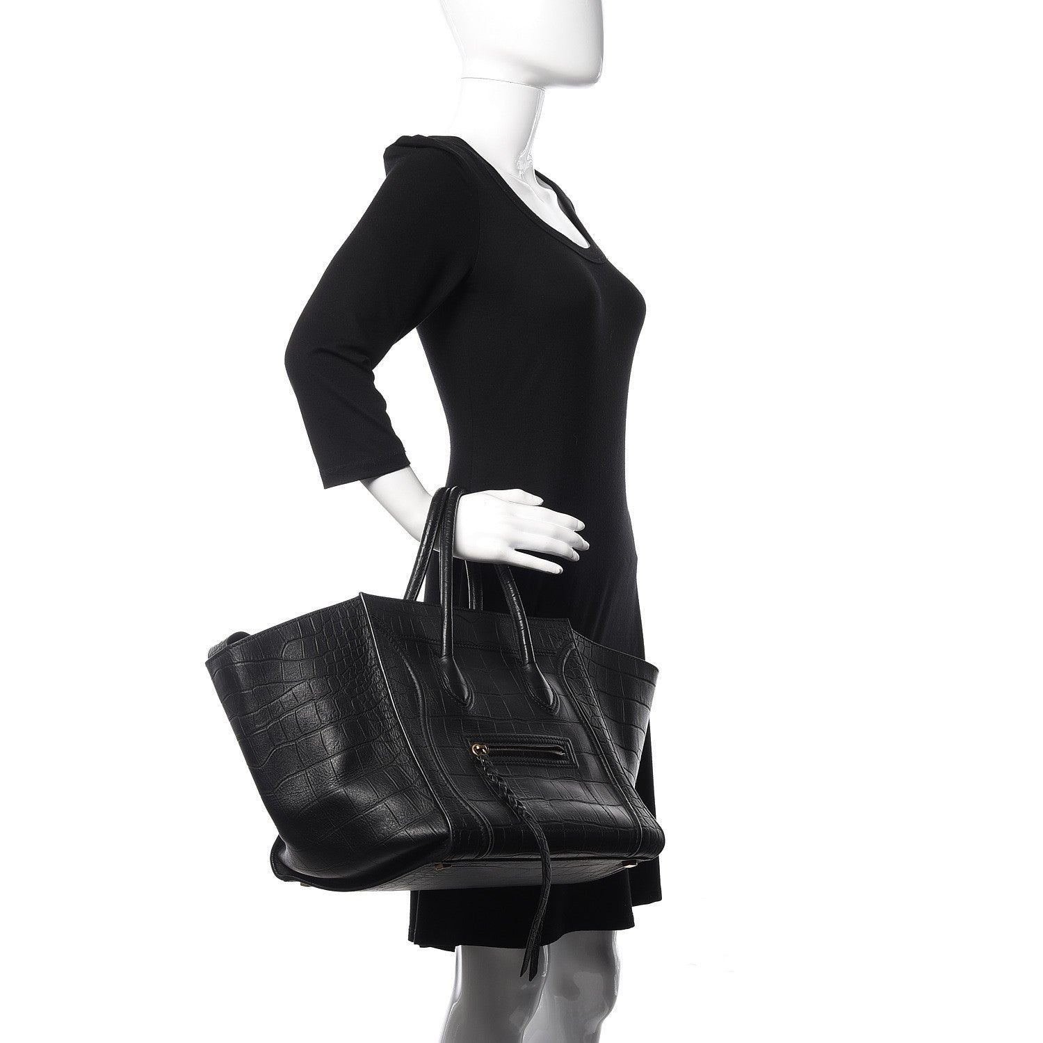 Celine Crocodile Embossed Calfskin Medium Phantom Luggage Black 2 of 11