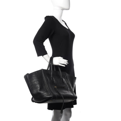 Celine Crocodile Embossed Calfskin Medium Phantom Luggage Black 2 of 11