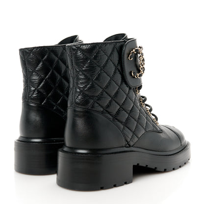 Chanel Shiny Goatskin Calfskin Quilted Lace Up Combat Boots 36 Black 4 of 10