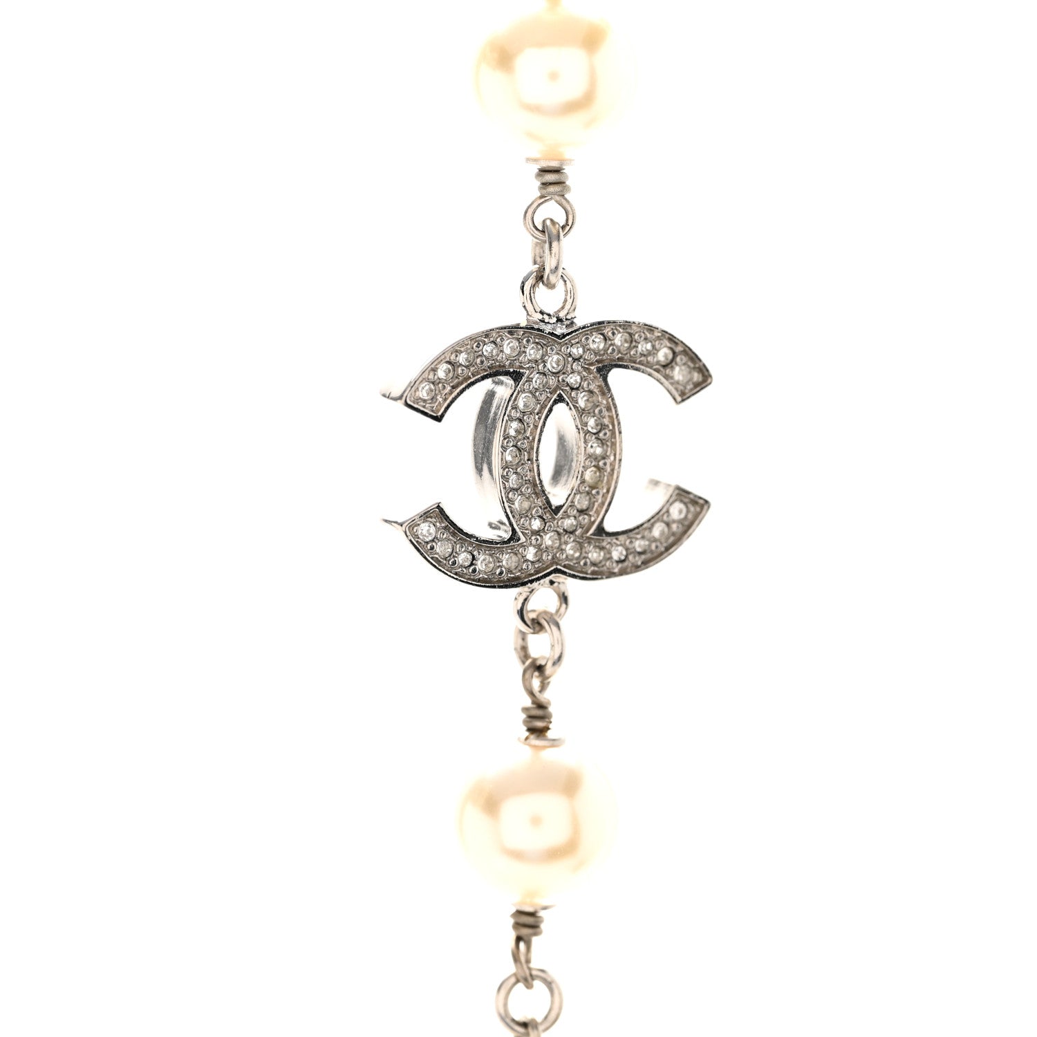 Chanel Crystal Pearl CC Long Necklace Silver 4 of 7